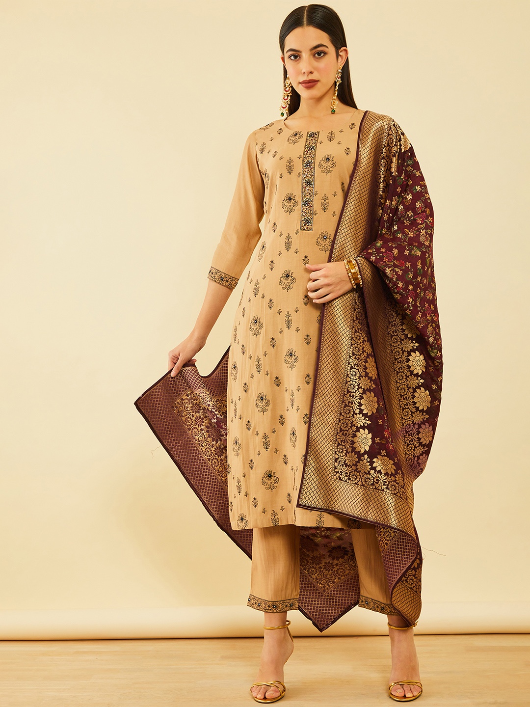 

Soch Brown Floral Printed Regular Zardozi Straight Kurta With Trousers & Dupatta