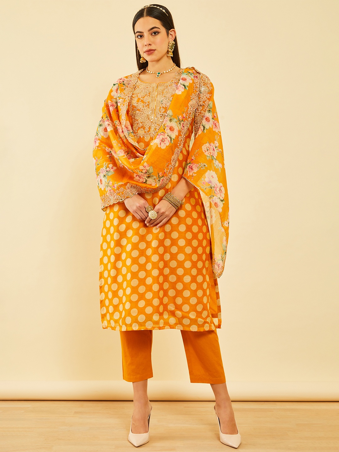 

Soch Floral Embroidered Regular Sequinned Chanderi Silk Kurta with Trousers & With Dupatta, Mustard