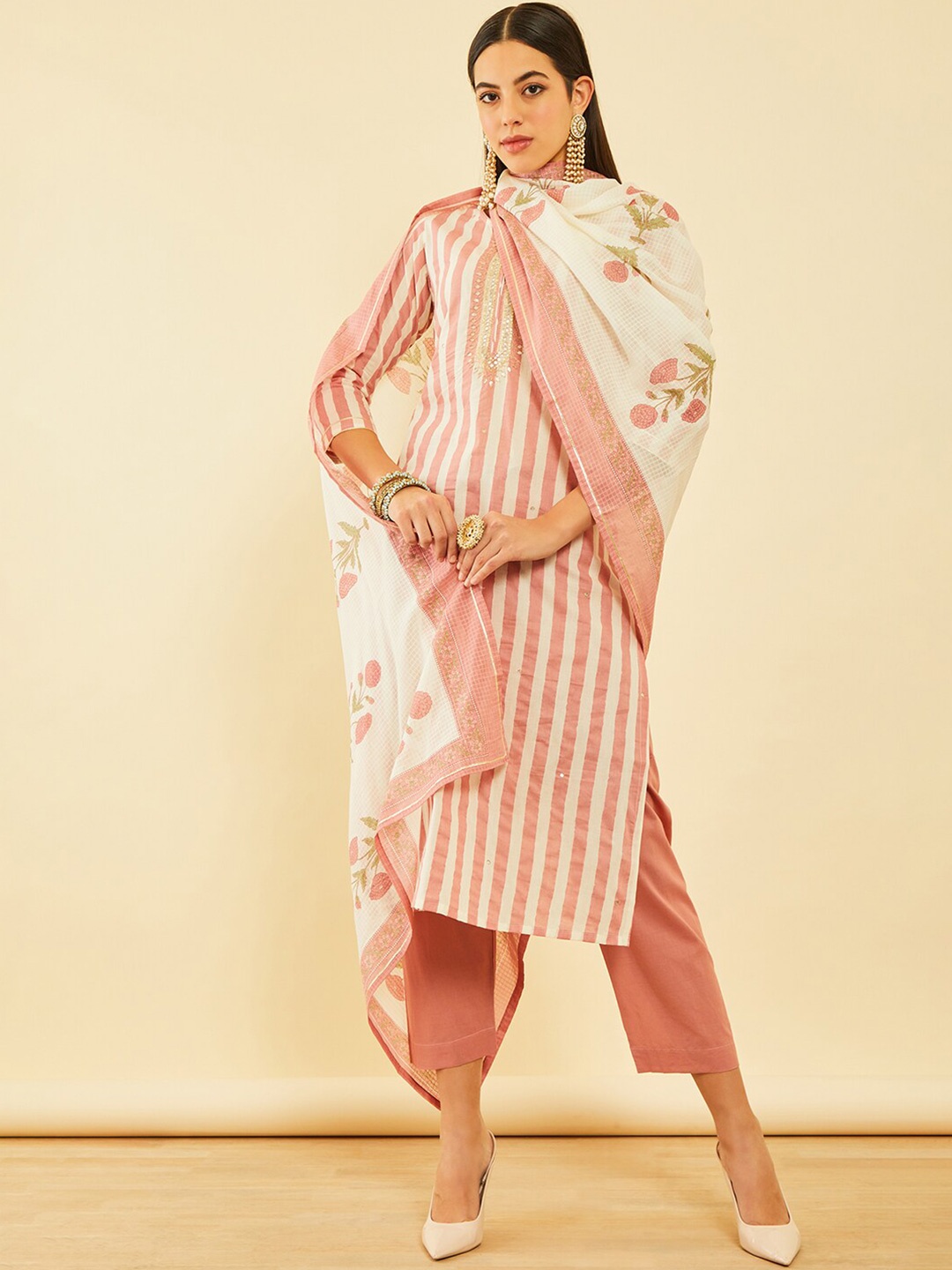 

Soch Pink & White Striped Printed Pure Cotton Straight Kurta With Trousers & Dupatta