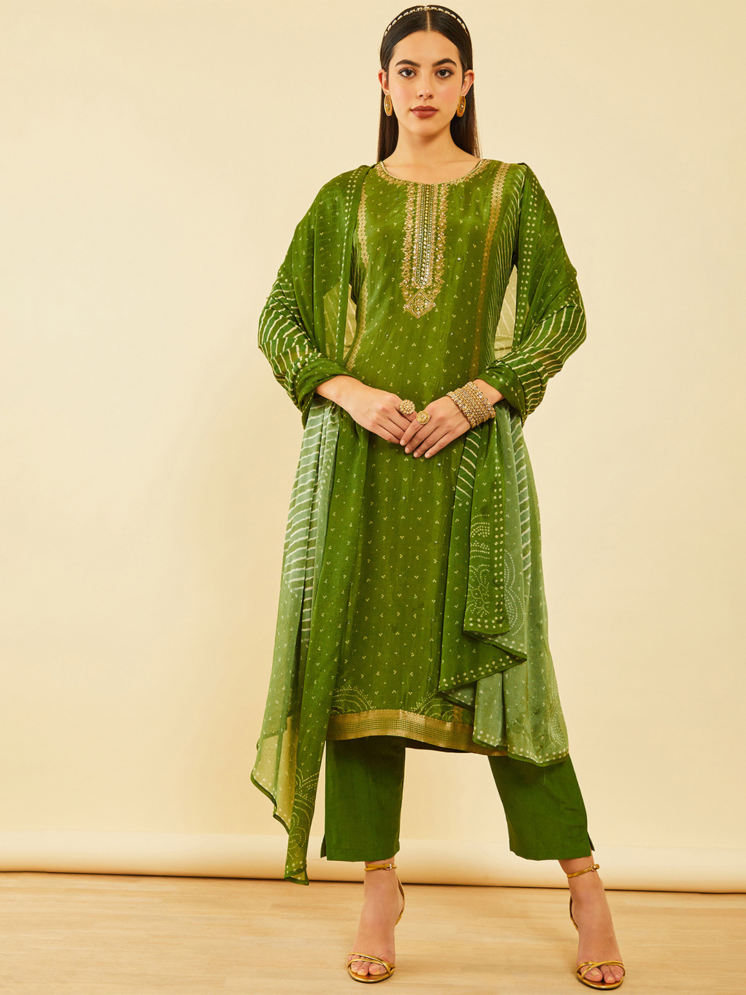 

Soch Bandhani Printed Straight Kurta With Trousers & Dupatta, Green