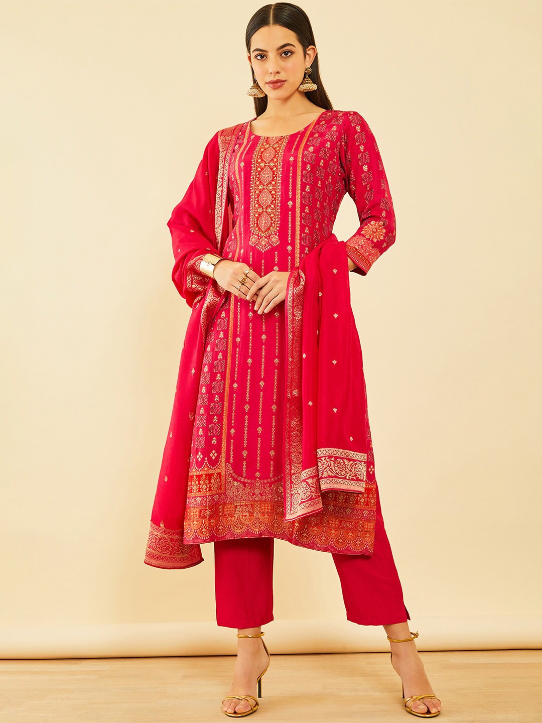 

Soch Pink Ethnic Motifs Printed Zardozi Straight Kurta With Trousers & Dupatta