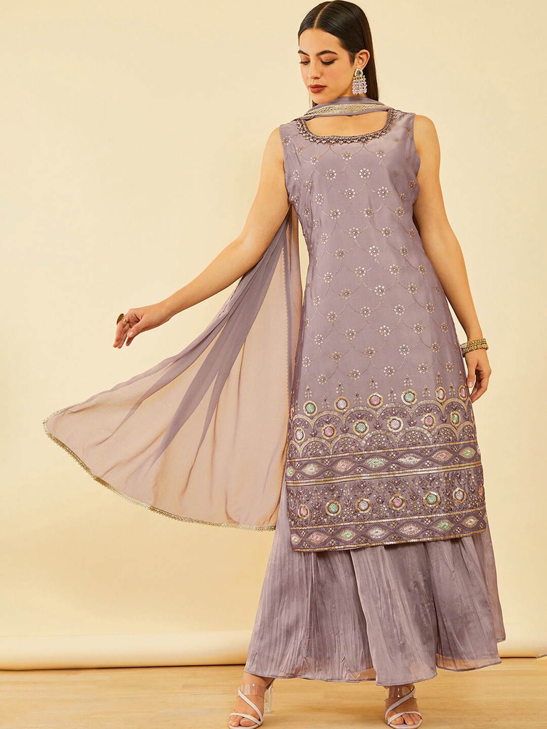 

Soch Floral Embroidered Regular Sequinned Kurta with Palazzos & Dupatta, Pink