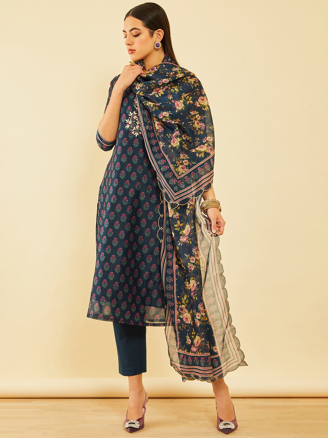 

Soch Floral Printed Chanderi Silk Straight Kurta With Trousers & Dupatta, Navy blue