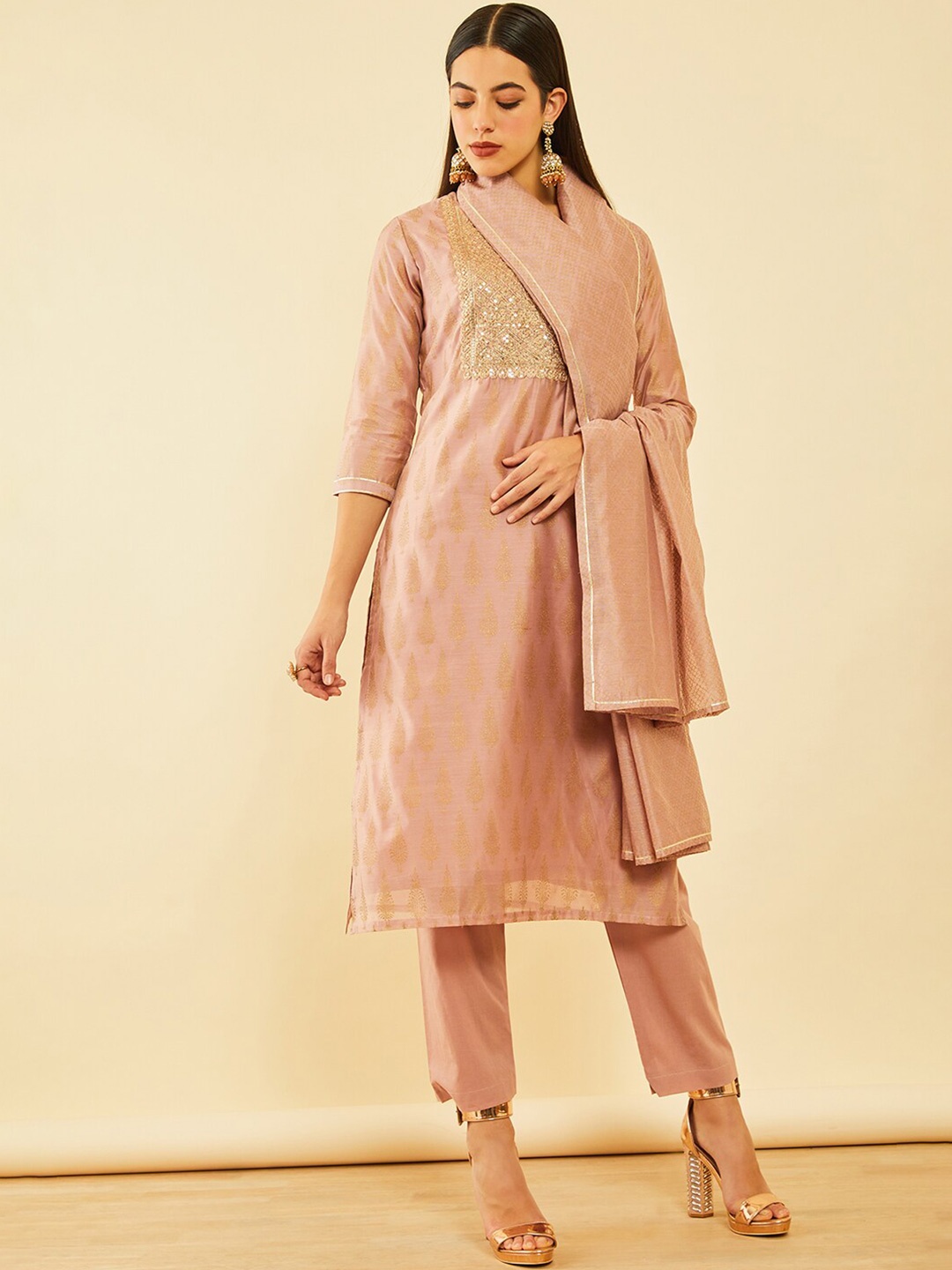 

Soch Pink Yoke Embroidered Chanderi Silk Straight Kurta With Trousers & Dupatta