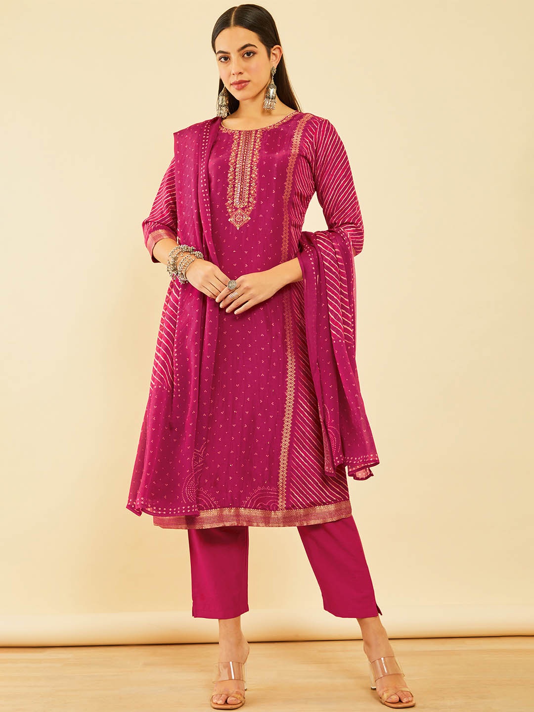 

Soch Bandhani Printed Regular Mirror Work Kurta with Trousers & With Dupatta, Pink