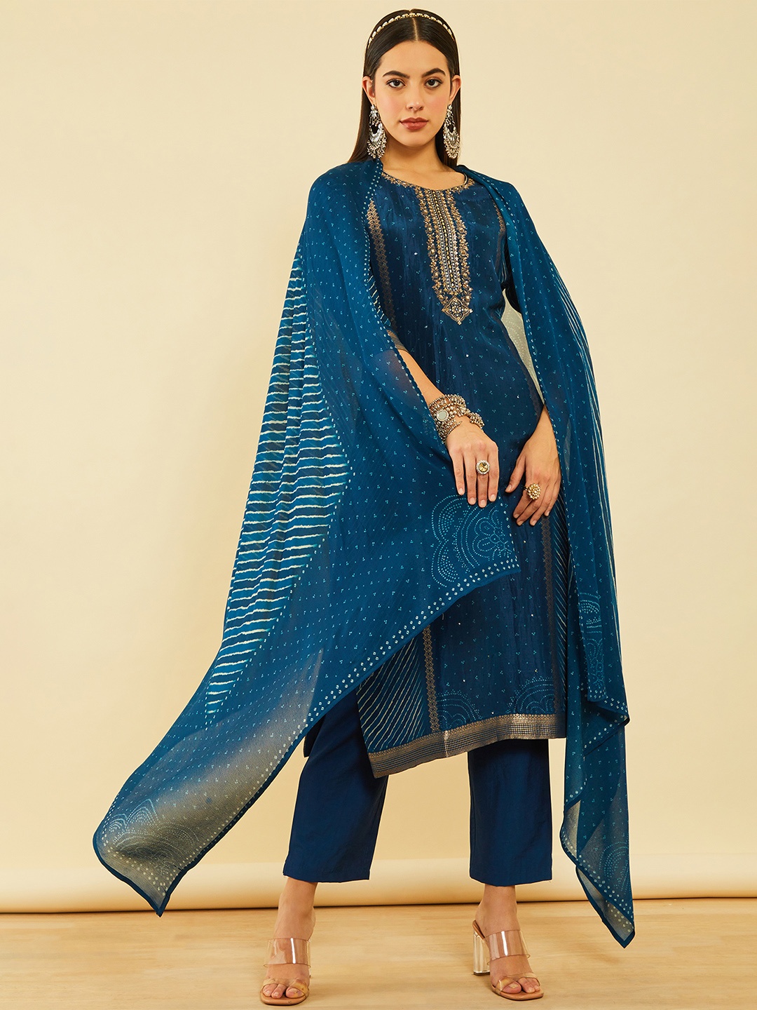 

Soch Bandhani Printed Straight Kurta With Trousers & Dupatta, Blue