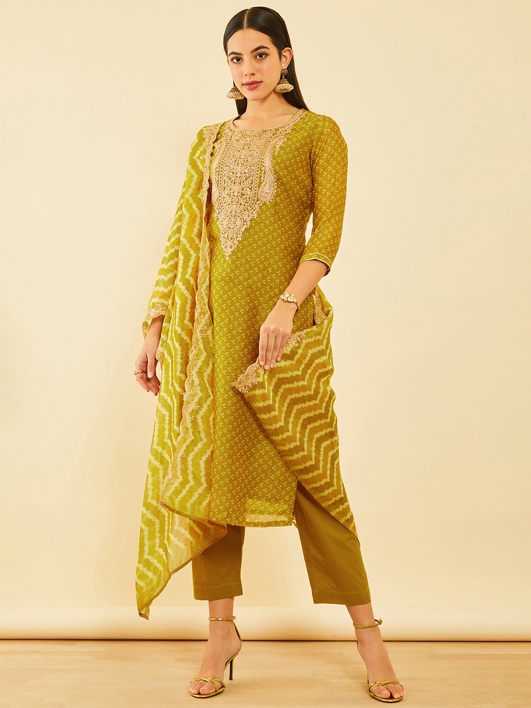 

Soch Bandhani Printed Thread Work Chanderi Silk Straight Kurta & Trousers With Dupatta, Mustard