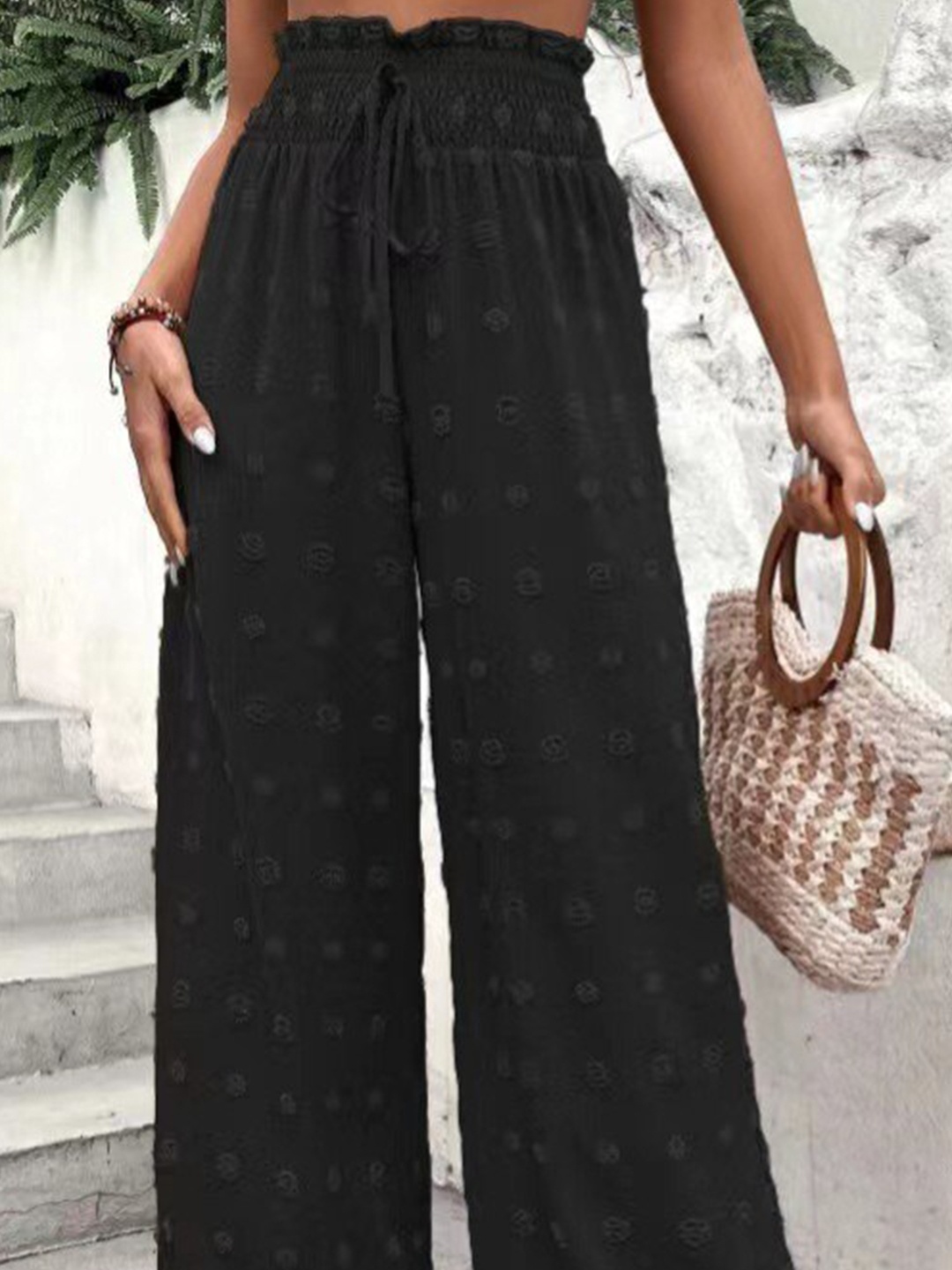 

StyleCast Black Self Design Flared Palazzos