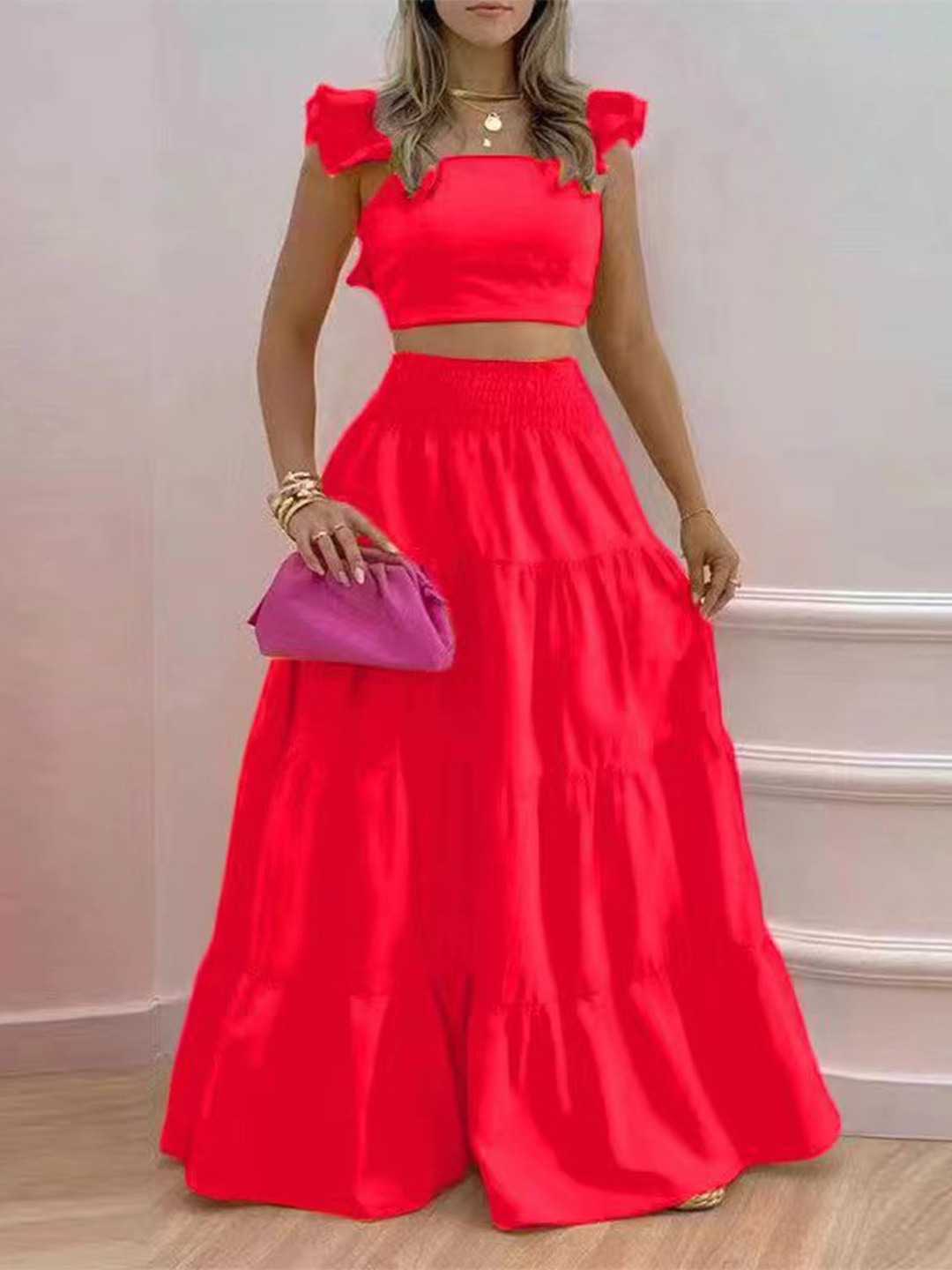 

StyleCast Red Square Neck Top with Skirt
