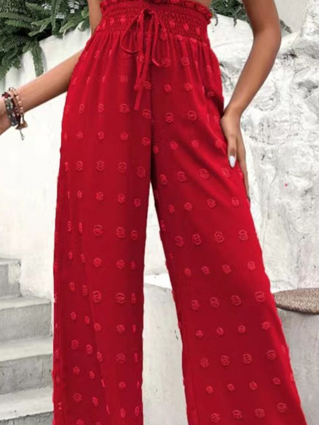 

StyleCast Red Embroidered Flared Palazzos