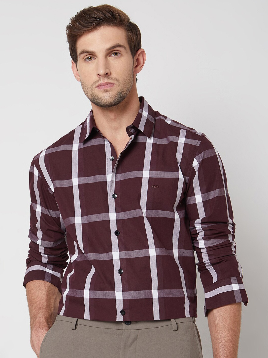 

Mufti spread collar Long Sleeves Slim Fit Checked Casual Cotton Shirt, Maroon