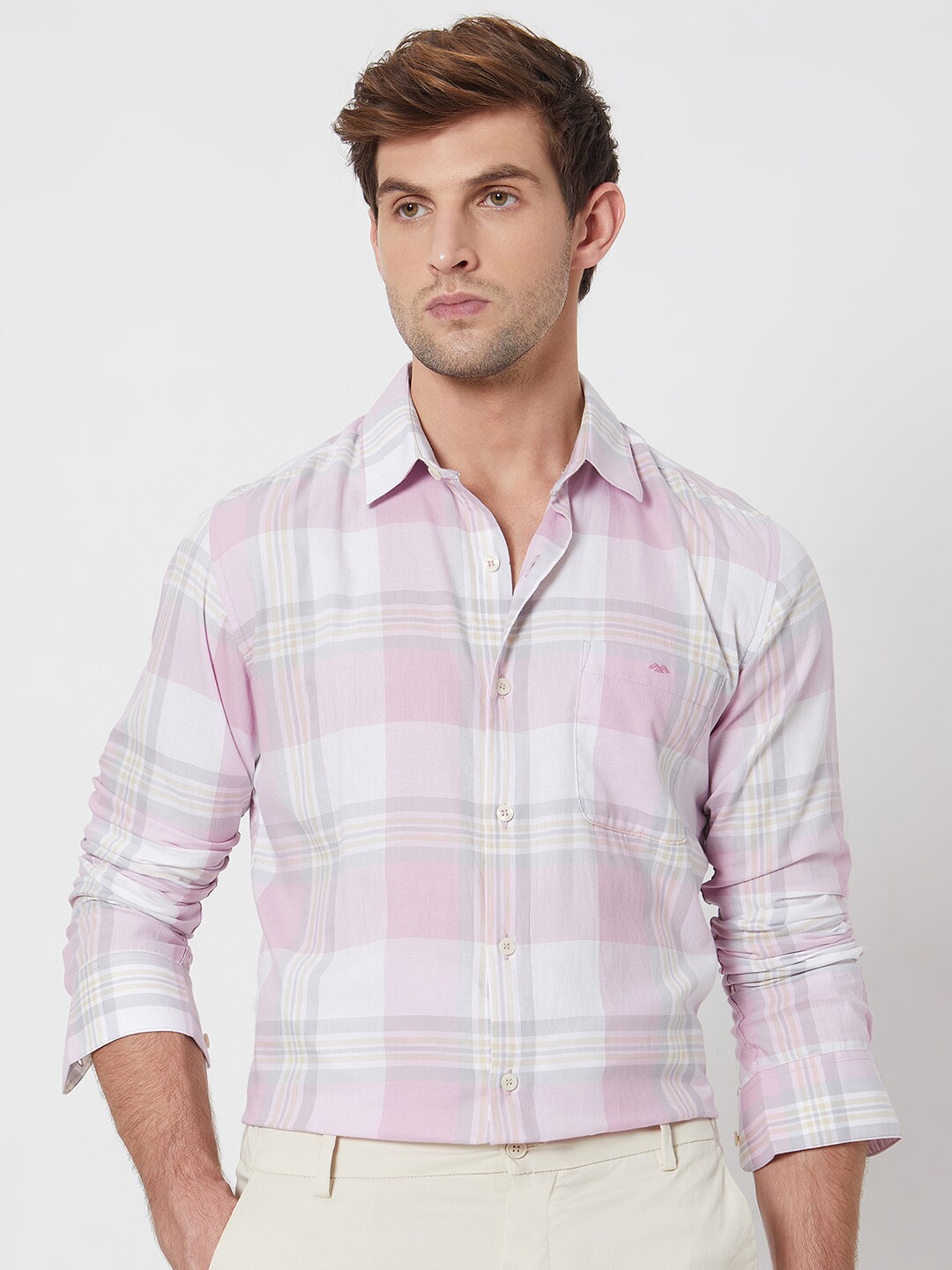 

Mufti Pink Slim Fit Tartan Checks Opaque Cotton Casual Shirt
