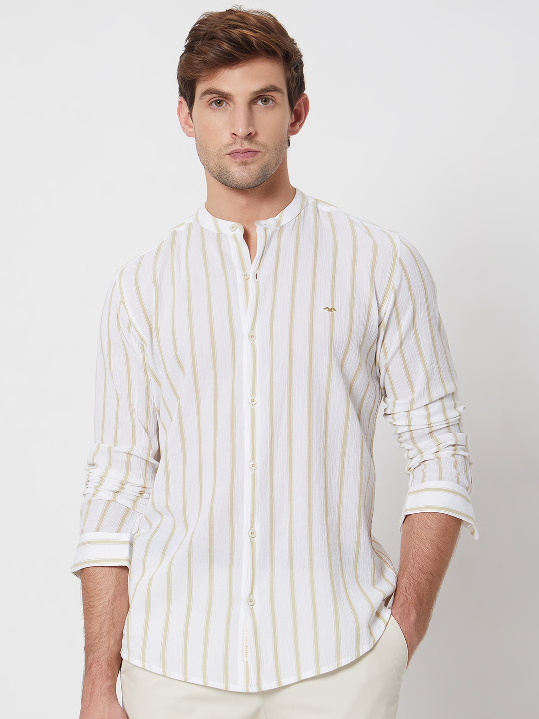 

Mufti Slim Fit Vertical Stripes Cotton Casual Shirt, Beige