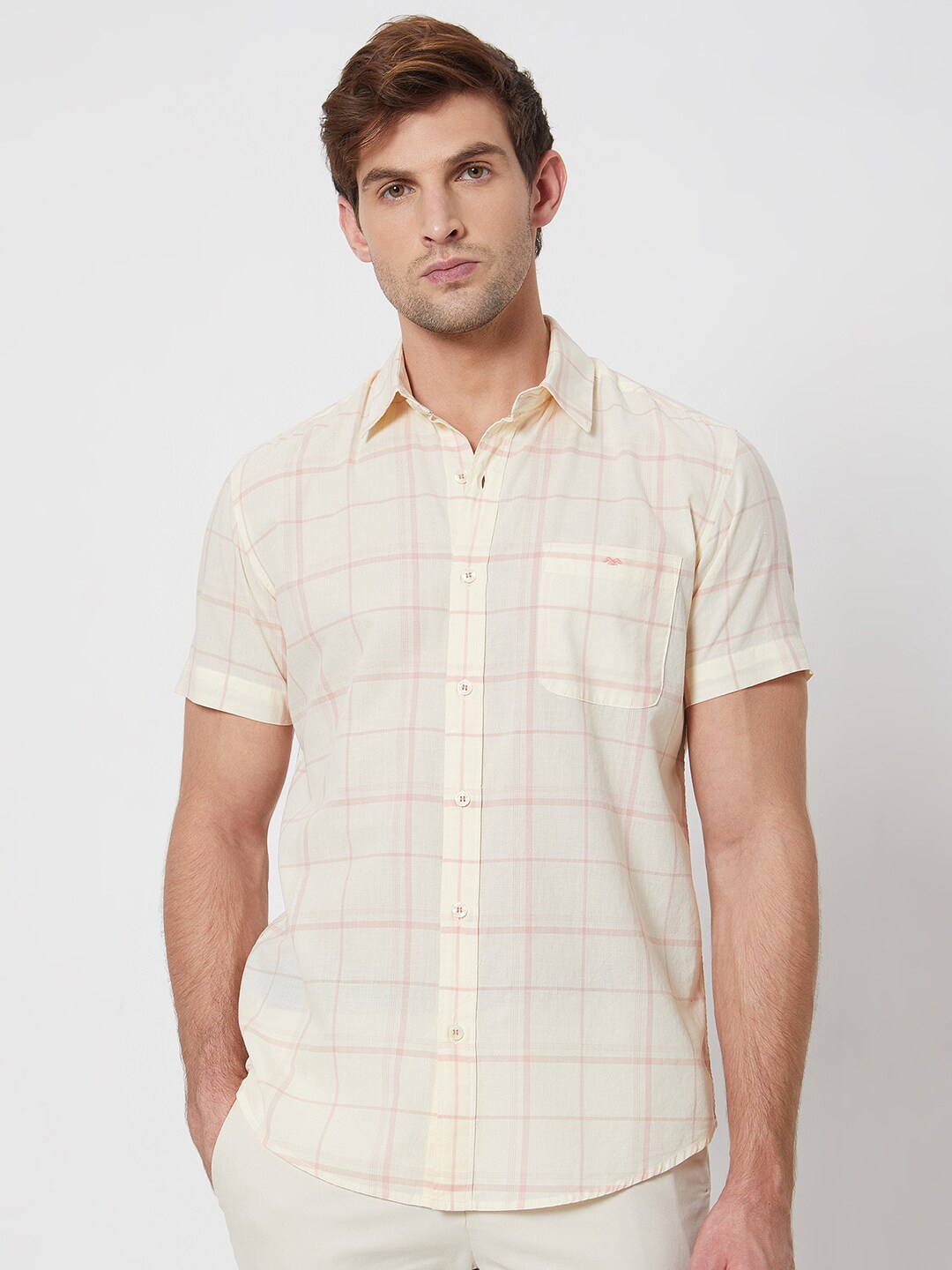 

Mufti spread collar Short Sleeves Slim Fit Checked Casual Cotton Shirt, Pink