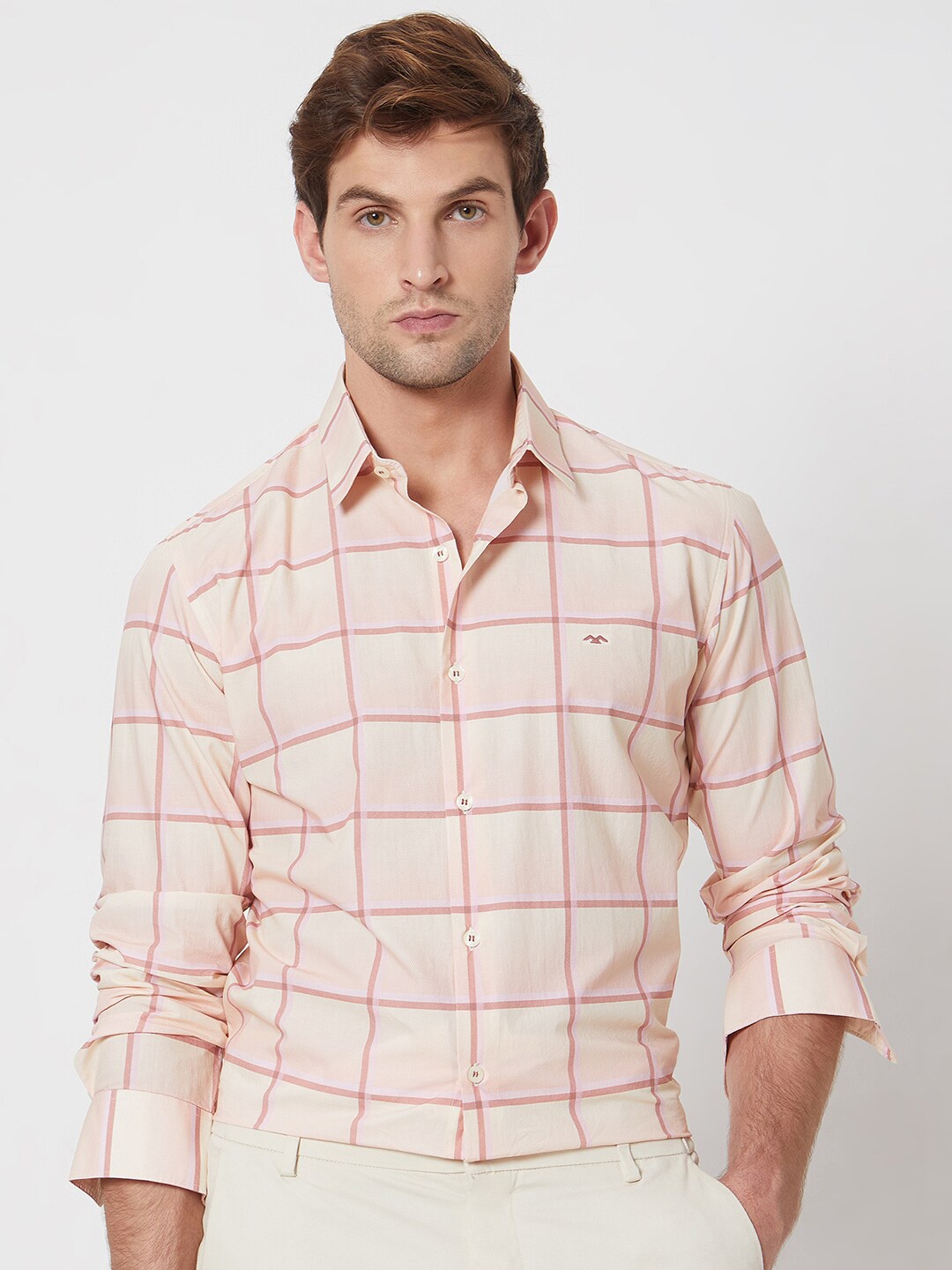 

Mufti spread collar Long Sleeves Slim Fit Checked Casual Cotton Shirt, Peach