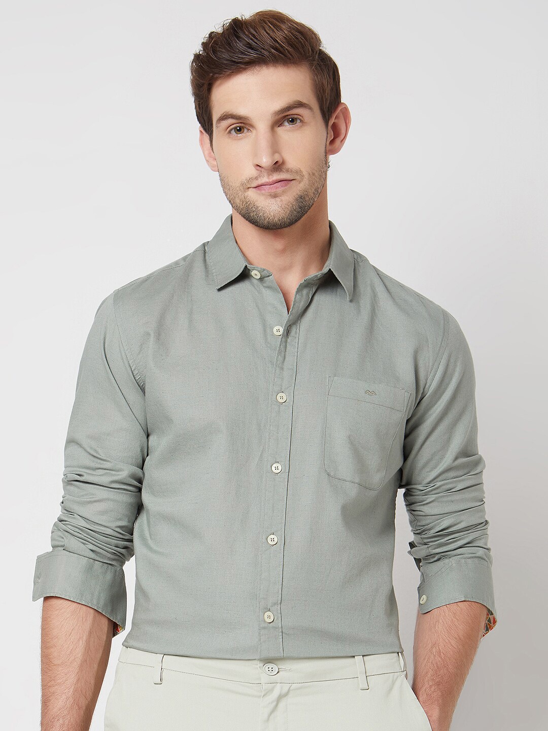 

Mufti Slim Fit Opaque Cotton Casual Shirt, Olive