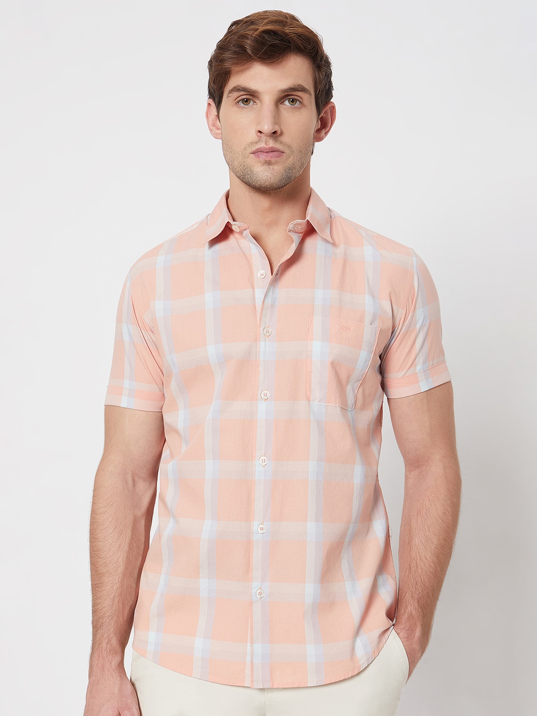 

Mufti Slim Fit Windowpane Checks Spread Collar Cotton Casual Shirt, Peach