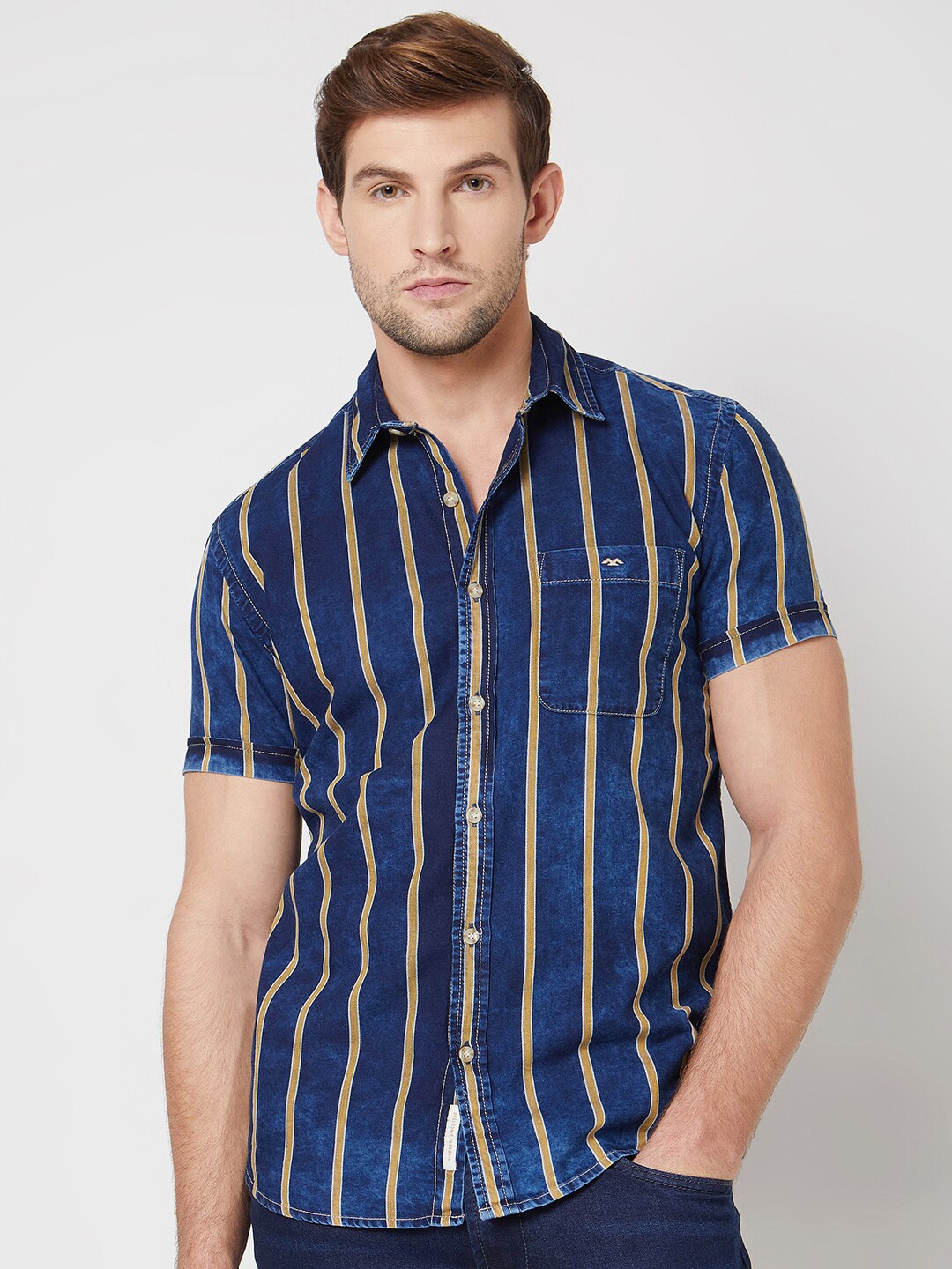 

Mufti Striped Spread Collar Cotton Slim Fit Casual Shirt, Navy blue