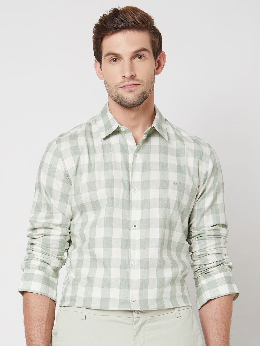 

Mufti Slim Fit Gingham Checked Twill Weave Pure Cotton Casual Shirt, Green