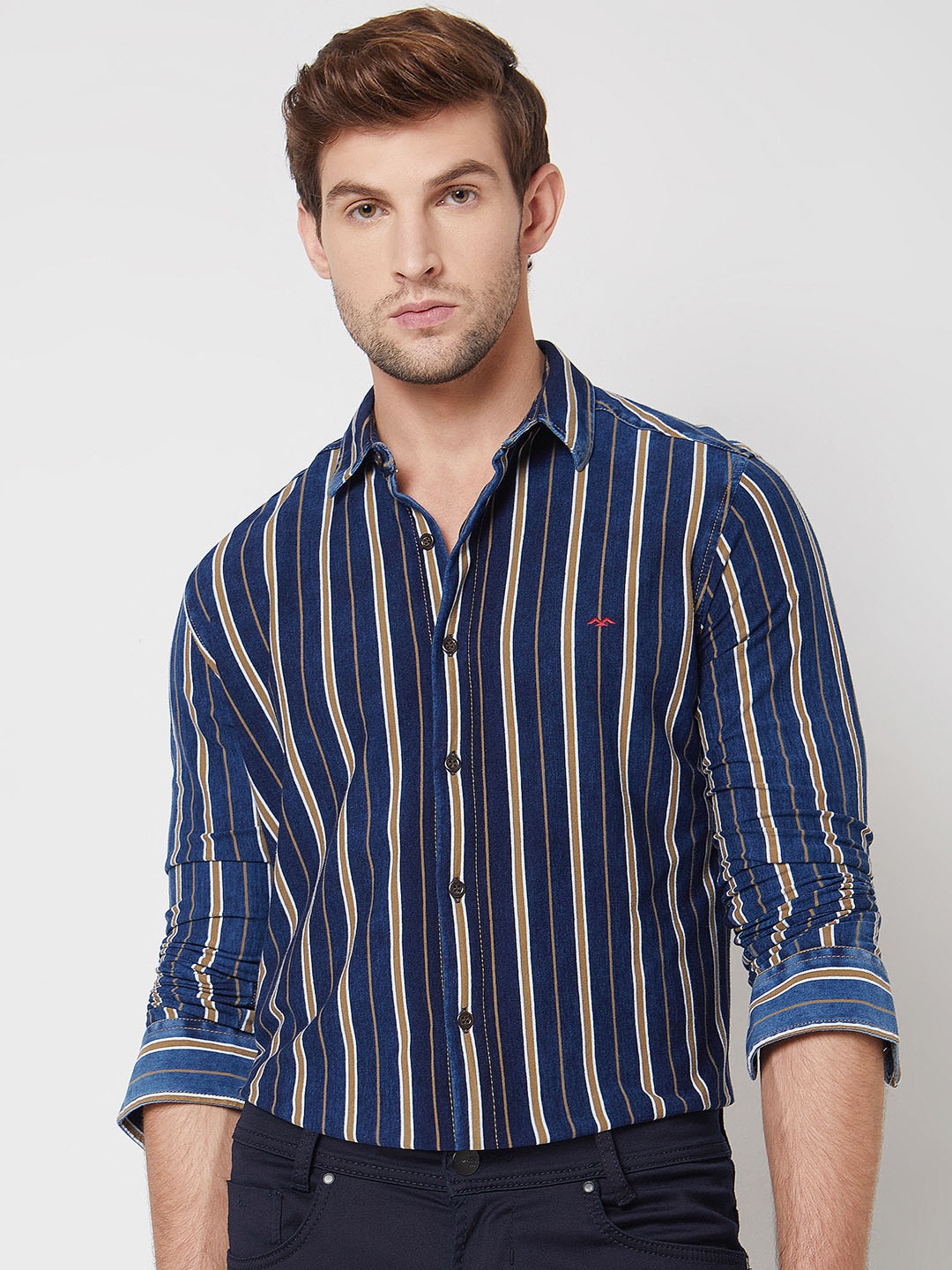 

Mufti Slim Fit Opaque Striped Cotton Casual Shirt, Navy blue