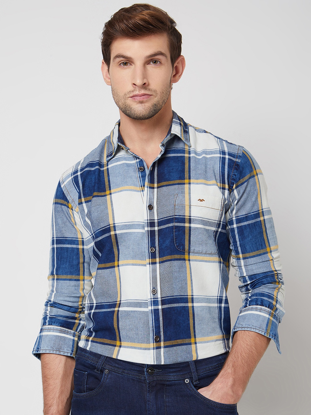 

Mufti spread collar Long Sleeves Slim Fit Tartan Checked Casual Cotton Shirt, Blue