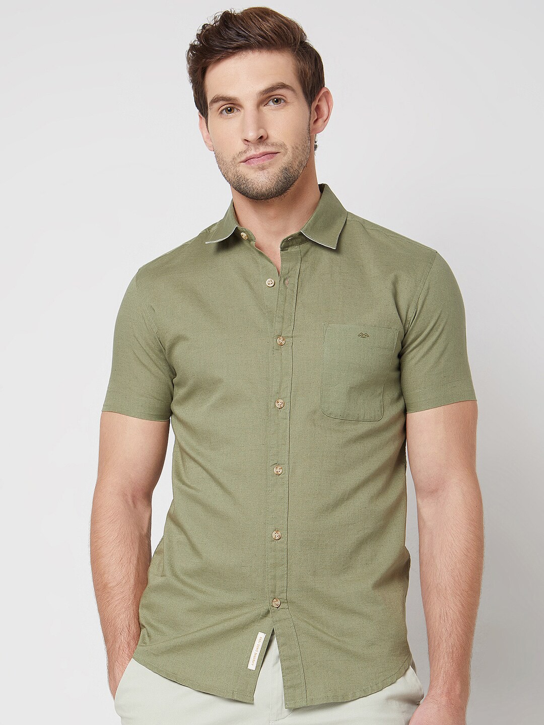 

Mufti spread collar Short Sleeves Slim Fit Casual Cotton Shirt, Olive