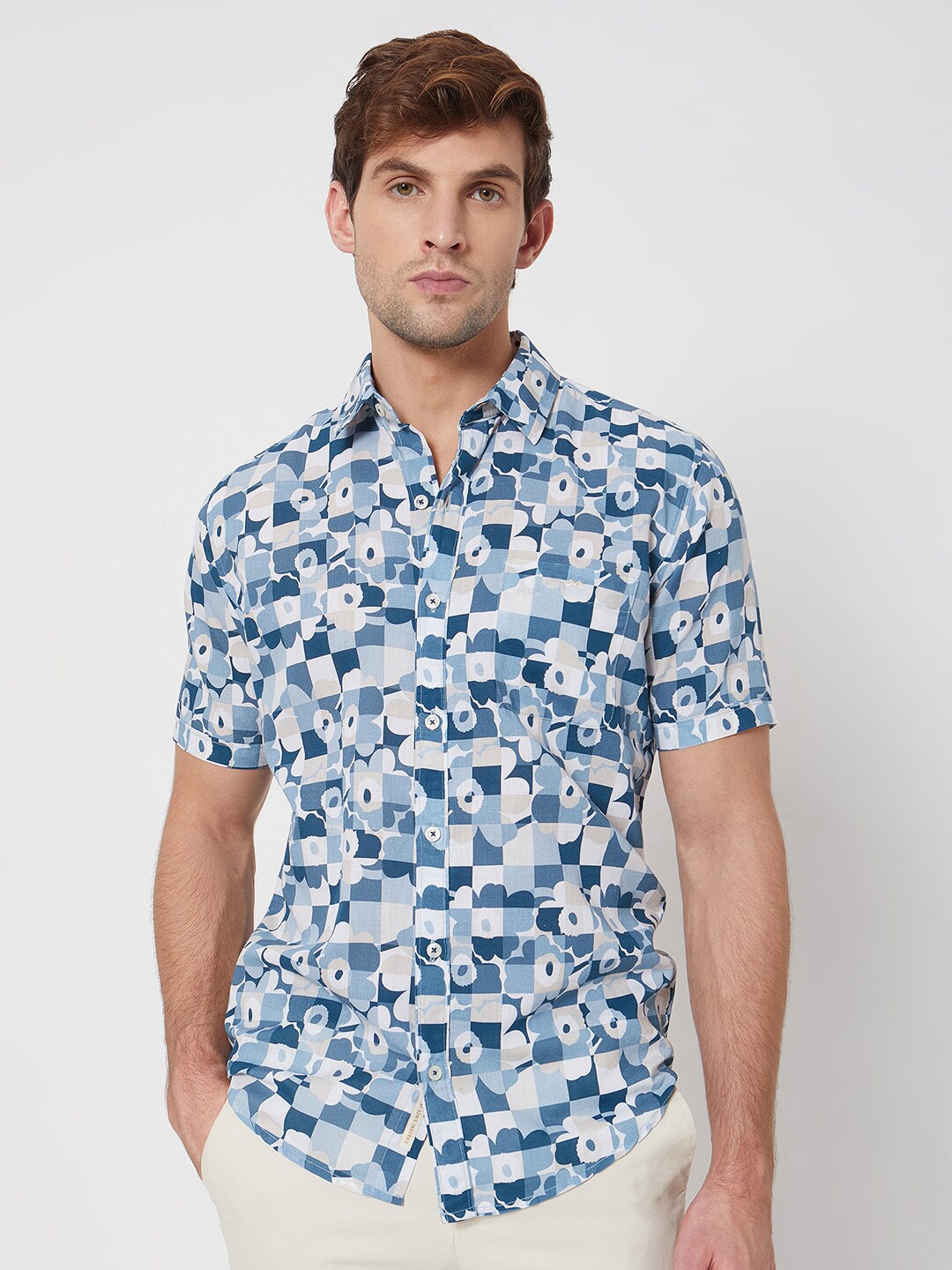 

Mufti Floral Printed Spread Collar Short Sleeves Cotton Slim Fit Casual Shirt, Blue