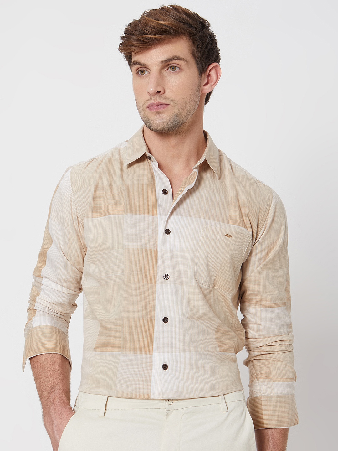 

Mufti Slim Fit Checked Pure Cotton Casual Shirt, Khaki