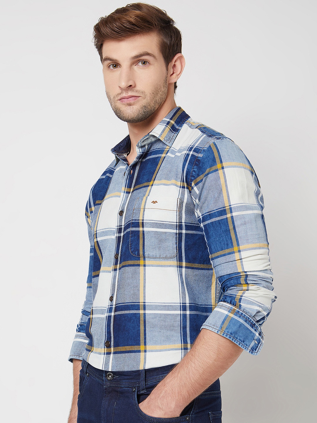 

Mufti Slim Fit Tartan Checks Opaque Cotton Casual Shirt, Blue