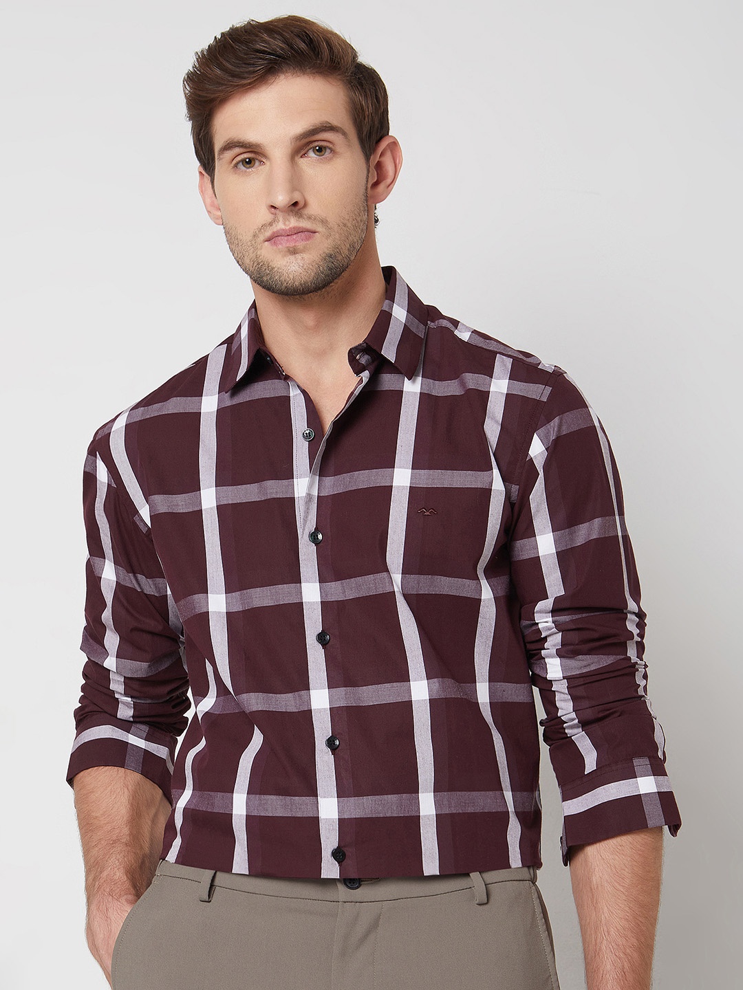 

Mufti Spread Collar Long Sleeves Windowpane Checked Slim Fit Cotton Casual Shirt, Maroon