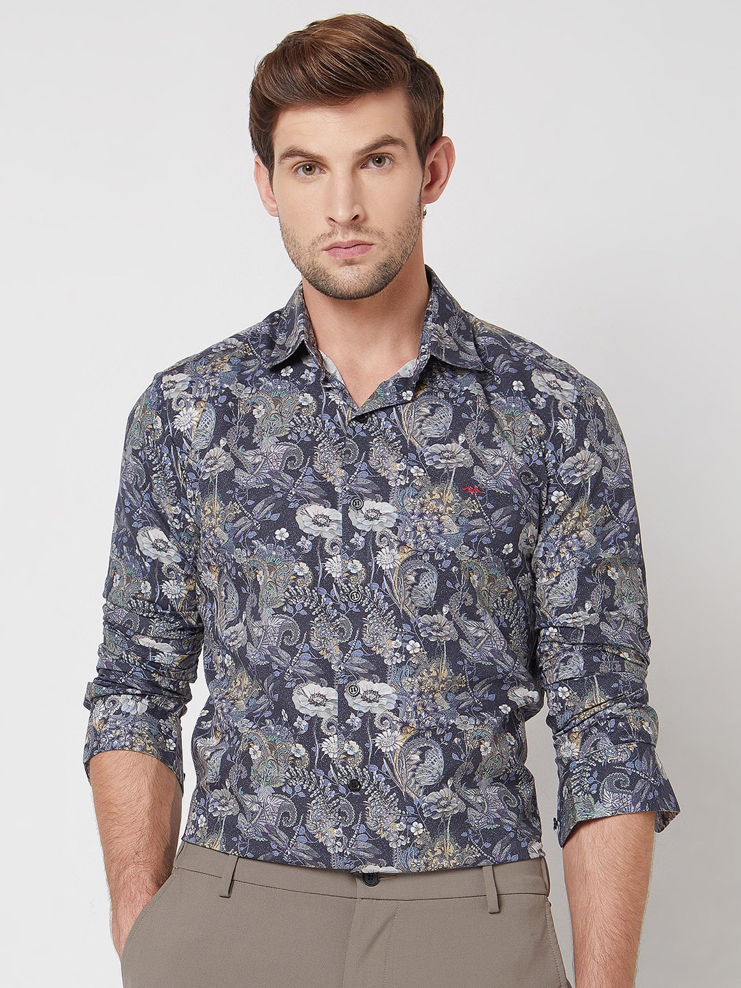 

Mufti Floral Printed Spread Collar Opaque Slim Fit Cotton Casual Shirt, Navy blue