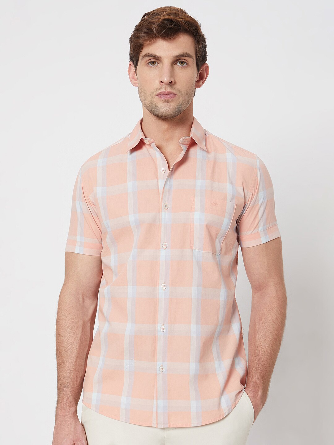 

Mufti spread collar Short Sleeves Slim Fit Checked Casual Cotton Shirt, Peach