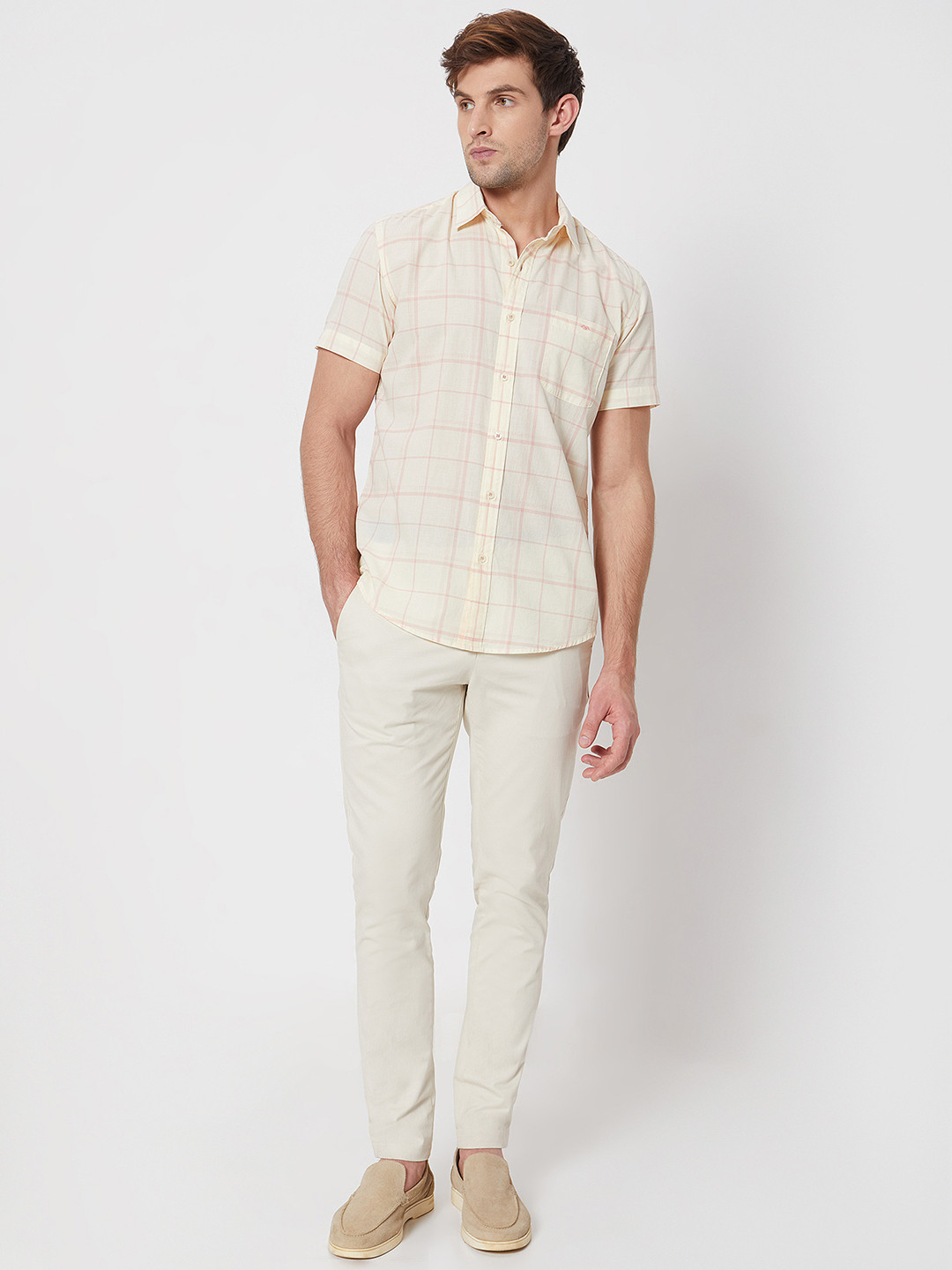 

Mufti Slim Fit Windowpane Checked Pure Cotton Casual Shirt, Beige