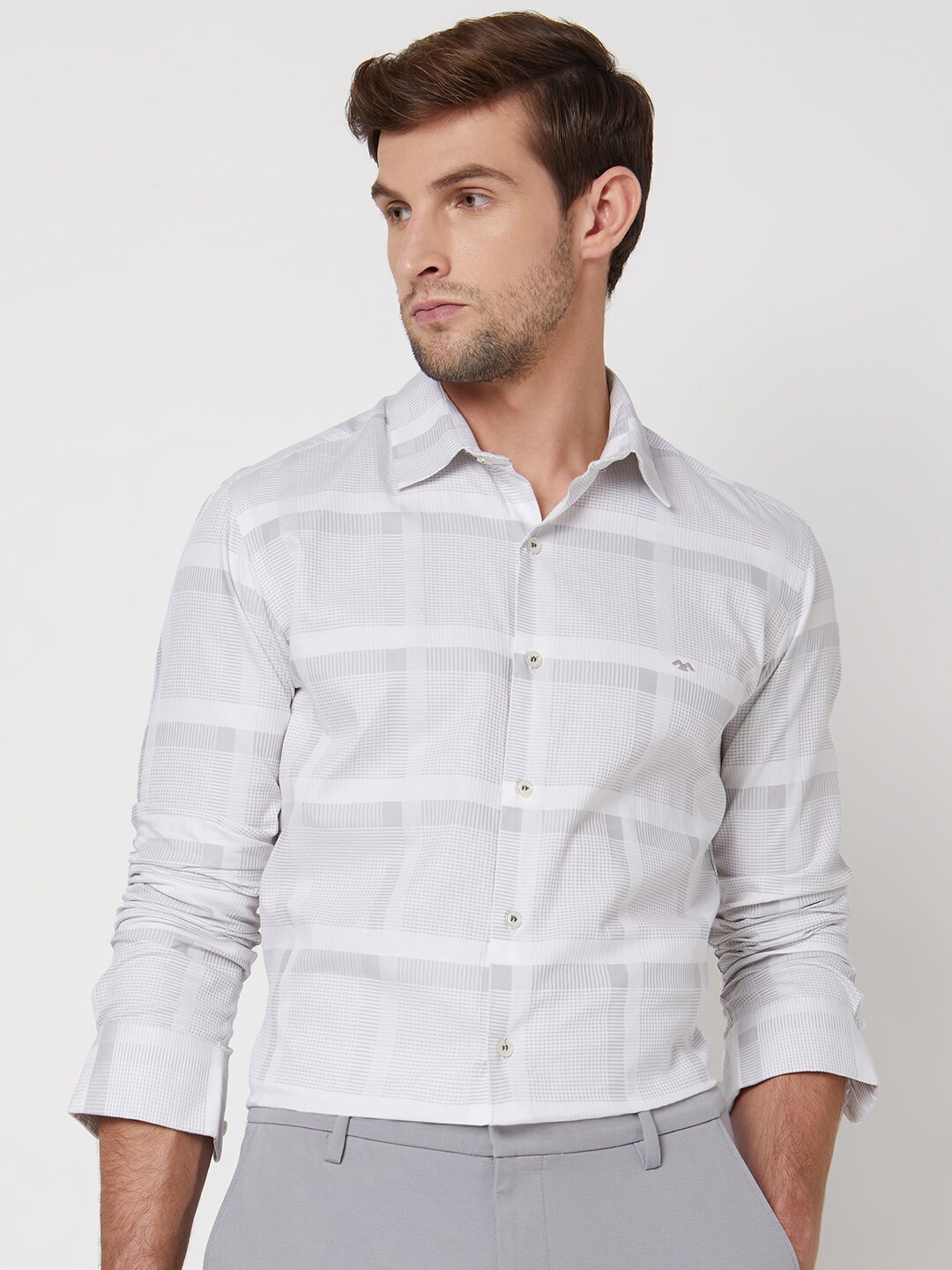 

Mufti Slim Fit Windowpane Checks Cotton Formal Shirt, Grey