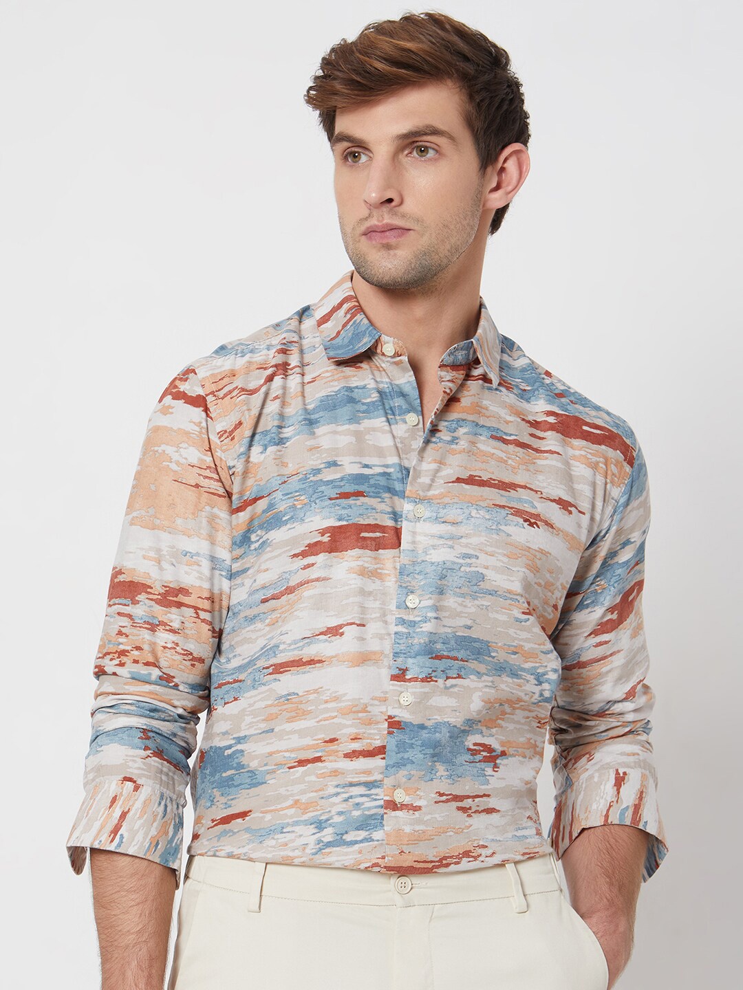 

Mufti spread collar Long Sleeves Slim Fit Printed Casual Cotton Shirt, Grey