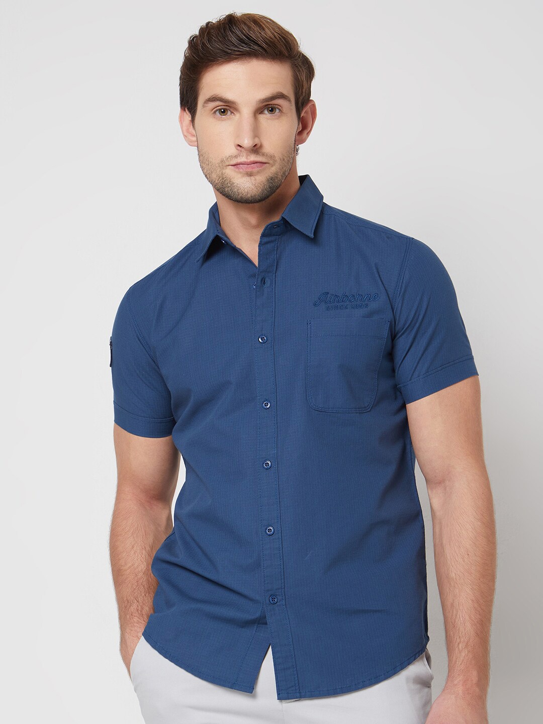 

Mufti spread collar Short Sleeves Slim Fit Casual Cotton Shirt, Blue