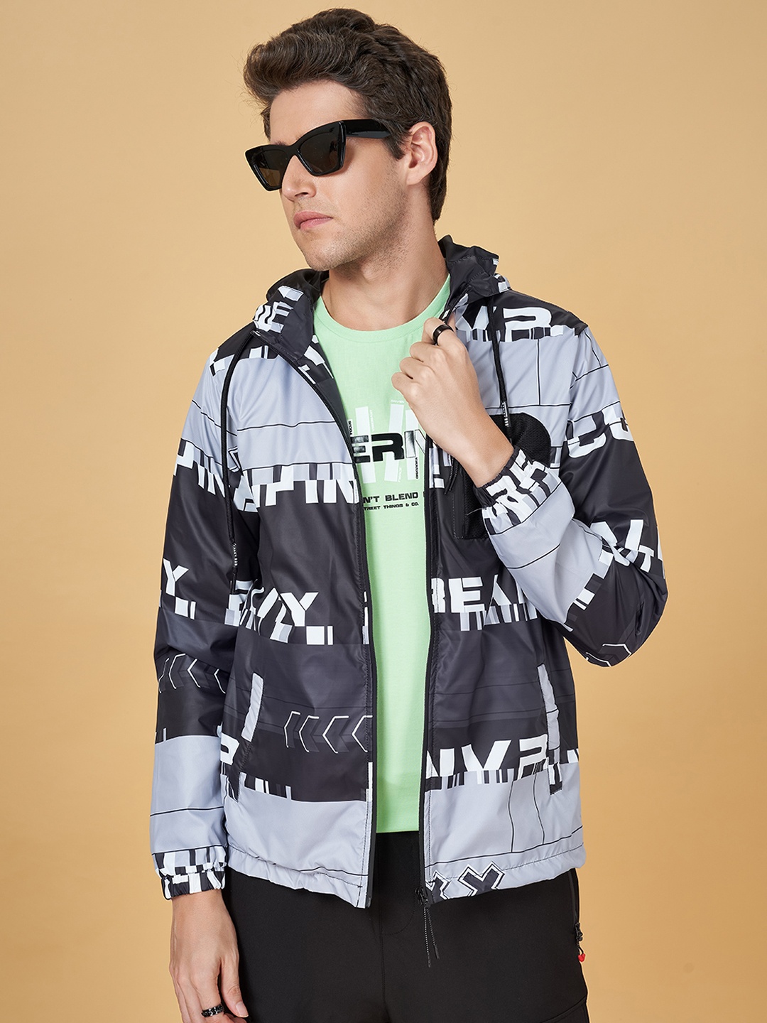 

Street 808 by Pantaloons Typography Printed Hooded Sporty Jacket, Black
