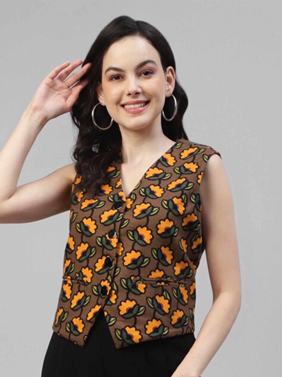 

DEEBACO Floral Printed V-Neck Cotton Waistcoat, Brown