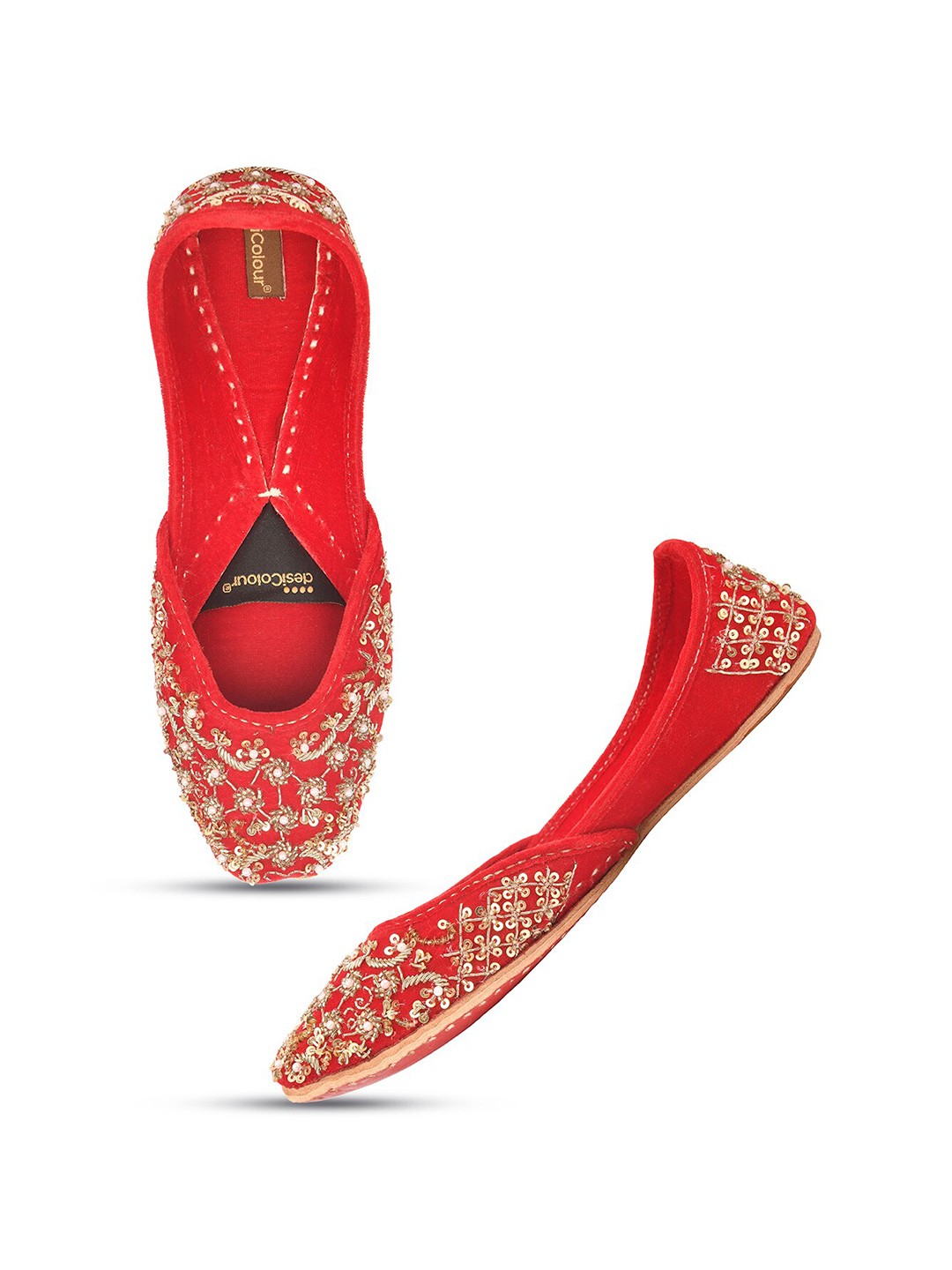 

DESI COLOUR Embellished Velvet Round Toe Mojaris, Red