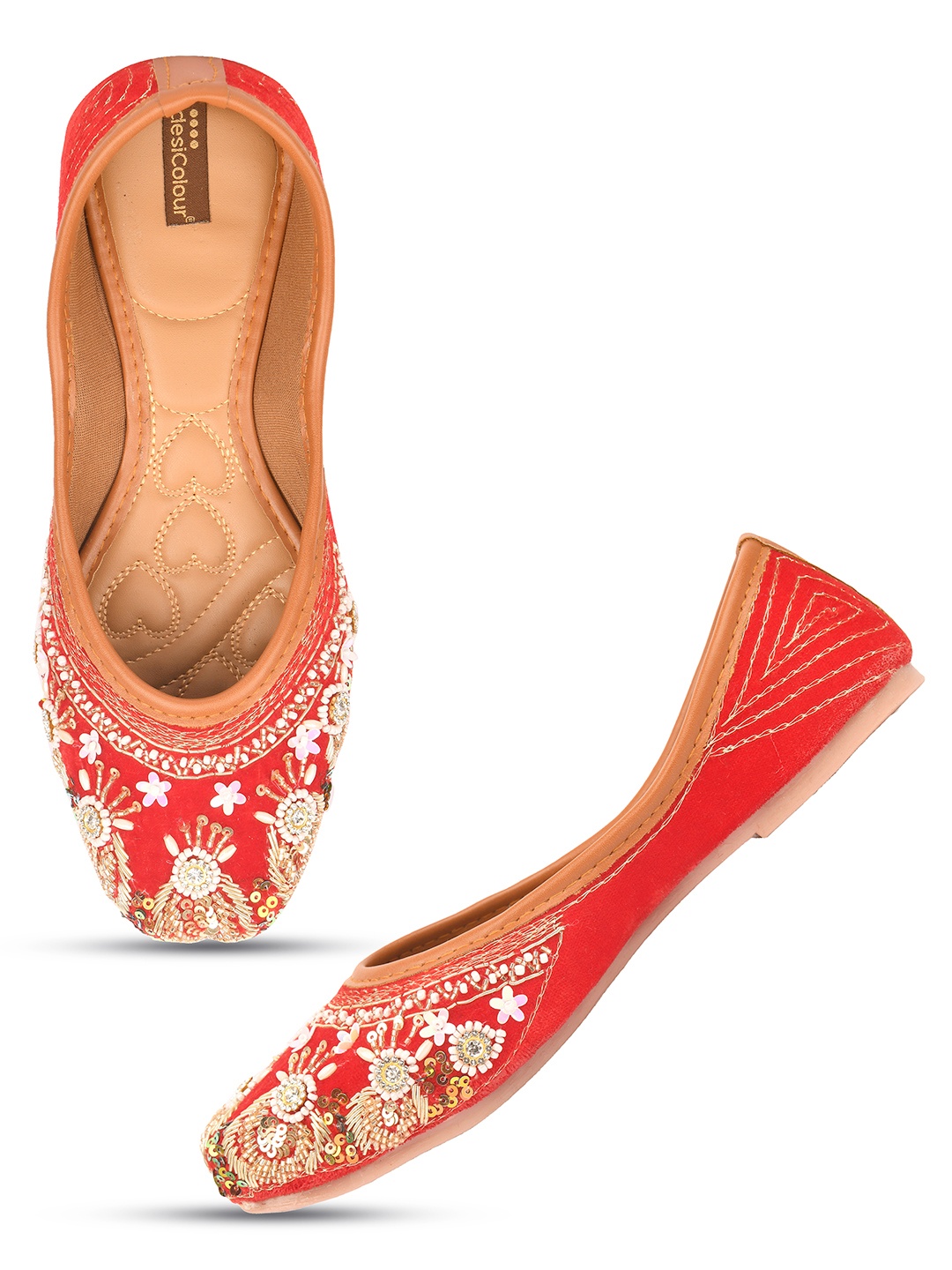 

DESI COLOUR Embellished Round Toe Velvet Mojaris, Red