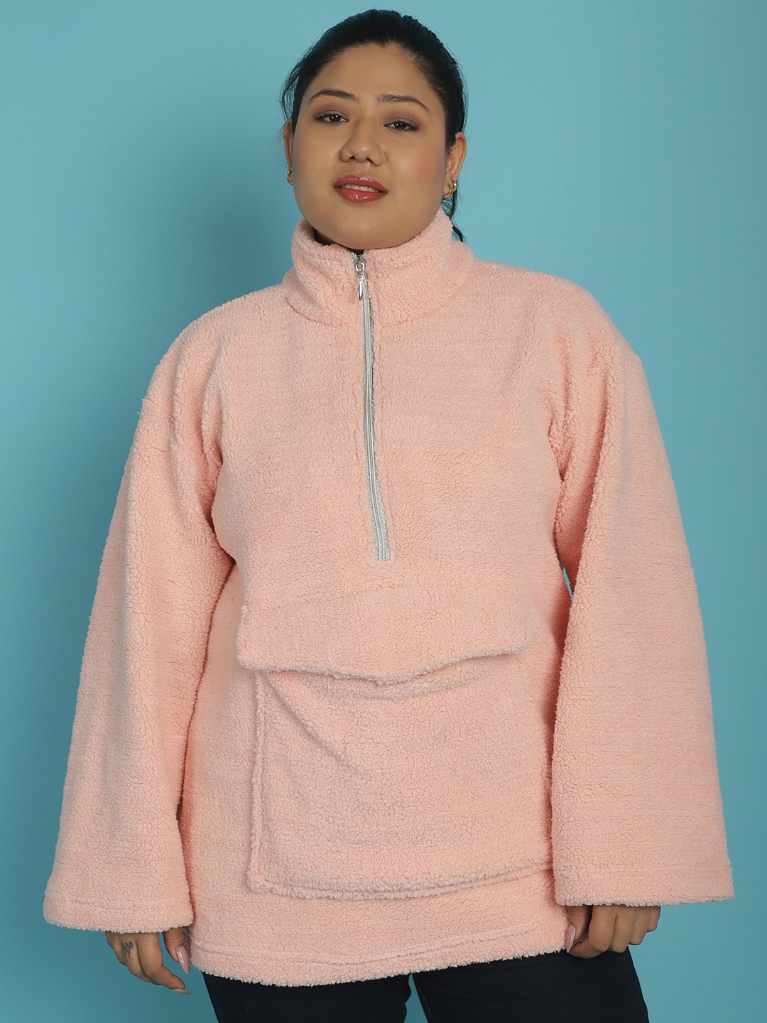 

theRebelinme Plus Size Mock Collar Half Zipper Pullover Sweatshirt, Pink