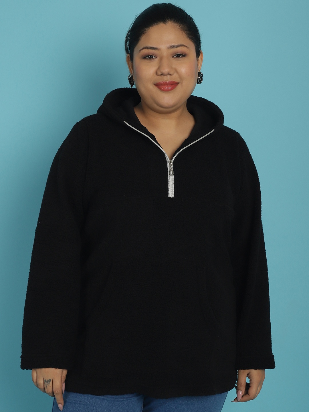 

theRebelinme Plus Size Hooded Half Zipper Pullover Sweatshirt, Black