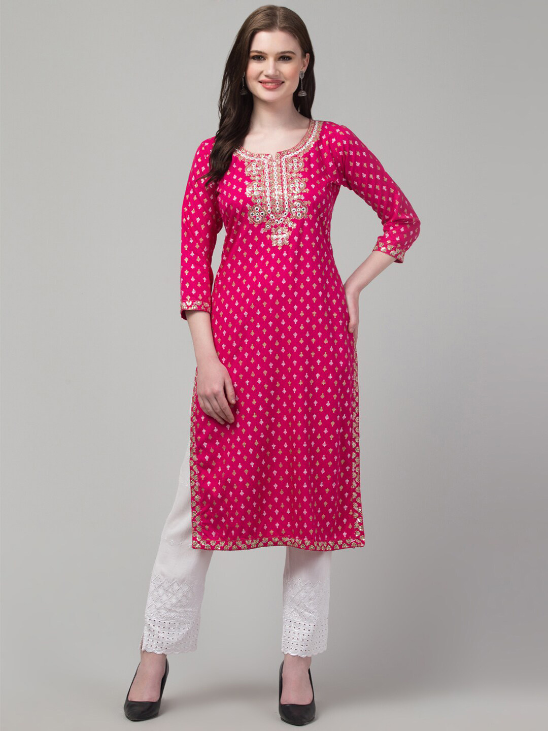 

Trend Level Ethnic Motifs Printed Mirror Work Straight Kurta, Magenta