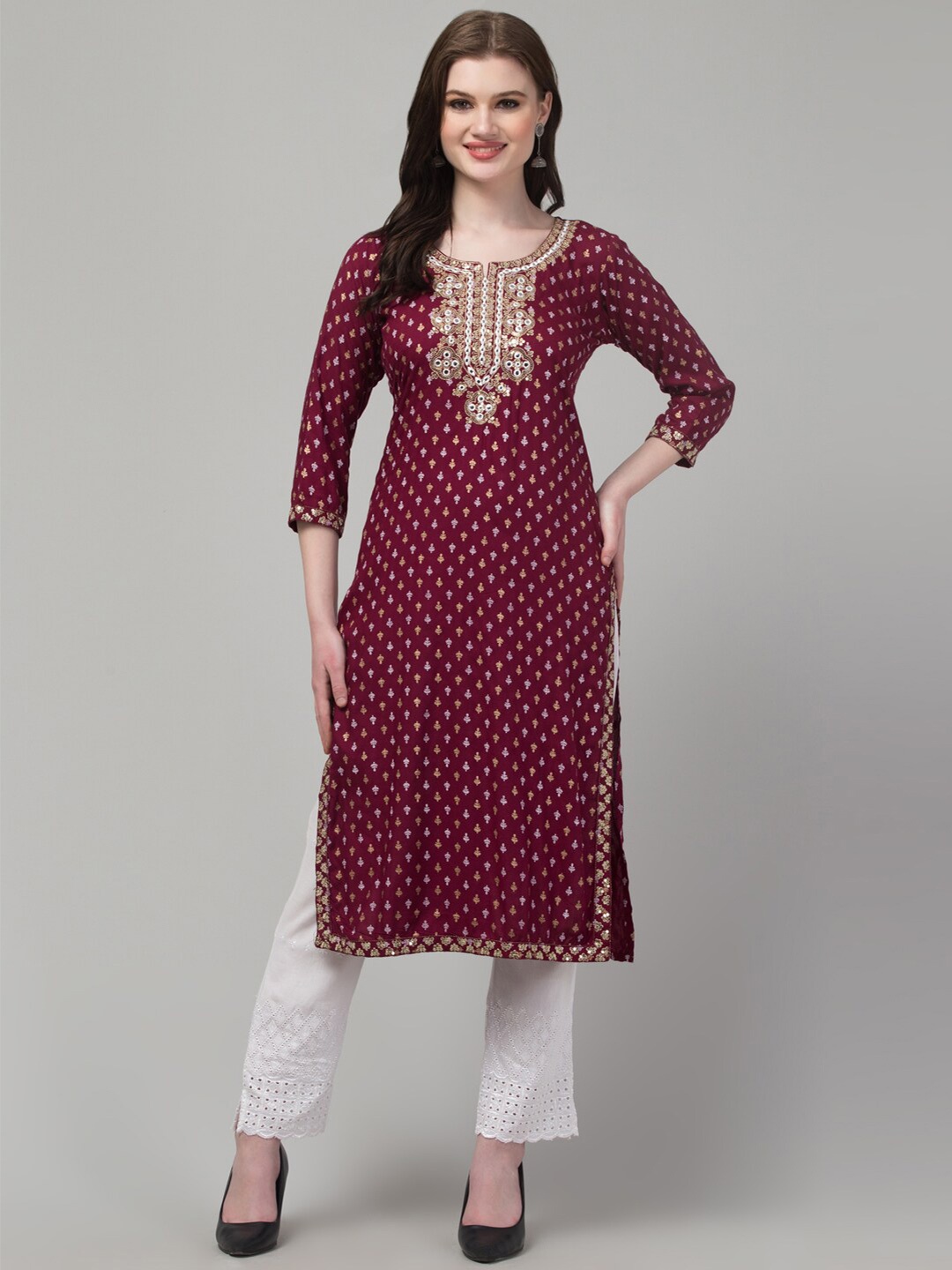 

Trend Level Ethnic Motifs Printed Mirror Work Straight Kurta, Maroon