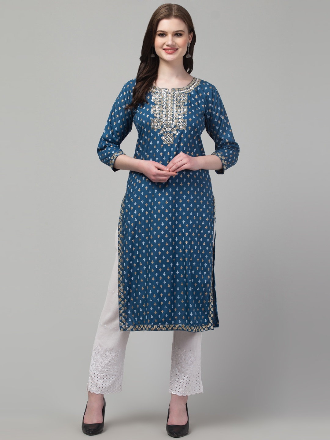 

Trend Level Ethnic Motifs Foil Printed Thread & Mirror Work Straight Kurta, Blue