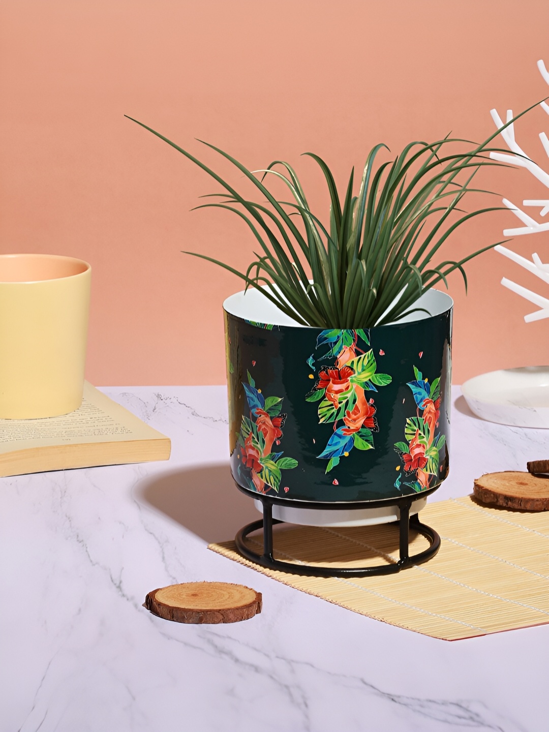 

Homspurts Green & Red Floral Printed Metal Floor Planter With Stand
