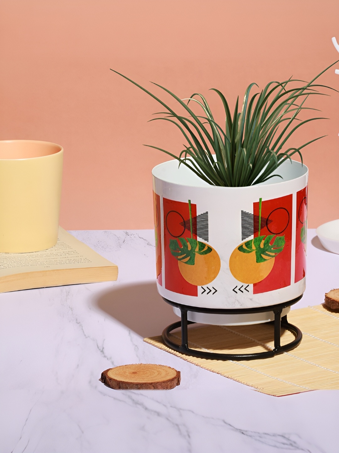 

Homspurts Red & White Printed Metal Planter With Holder