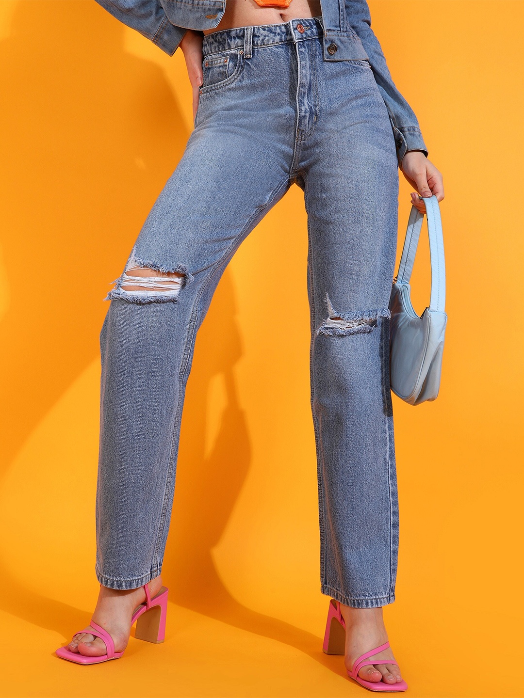 

SHECZZAR Women Original Slim Fit Highly Distressed Mid Rise Light Fade Jeans, Blue