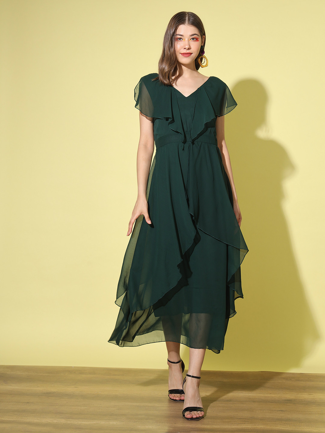 

AUCREATIONS V-Neck Flared Sleeves Georgette Flared Maxi Dress, Green