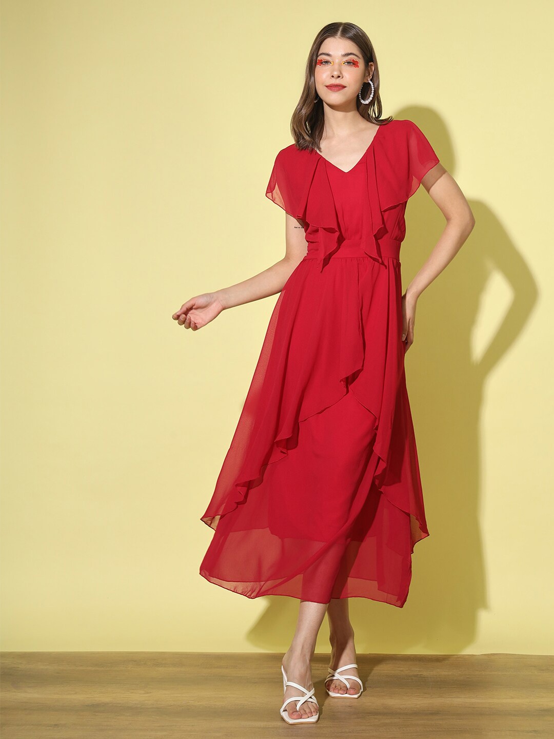 

AUCREATIONS V-Neck Flared Sleeves Georgette Flared Maxi Dress, Red